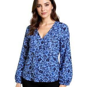 Old Navy Ruffled Split Neck Top Women's Blue Floral Long Sleeve Popover Blouse